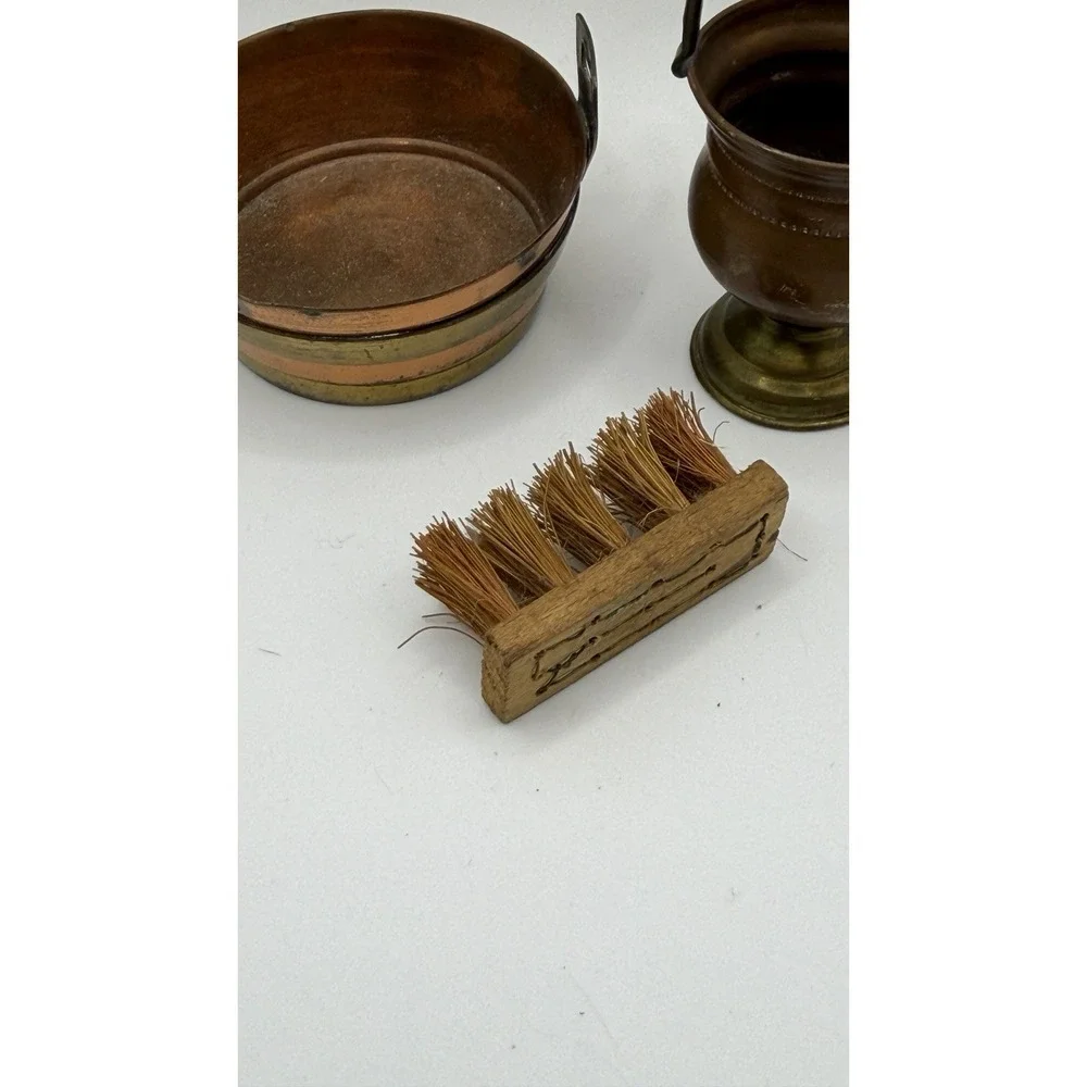 Miniature Doll Copper Basket & Wash Bucket w/ Brush‎ Vintage Victorian 2